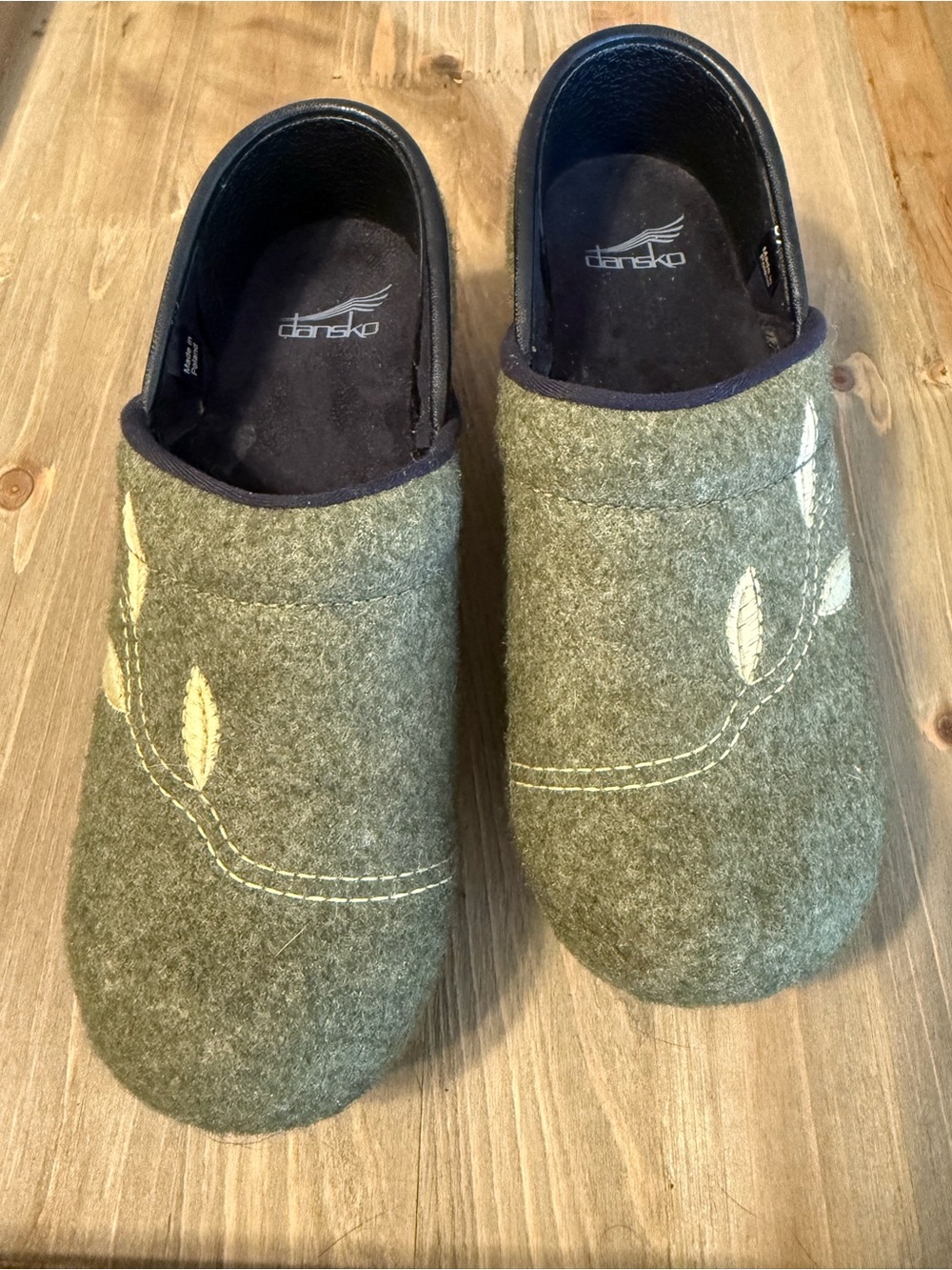 Dansko Olive Green Wool Slip-On Mules with Leaf Stitching - Picture 5 of 13